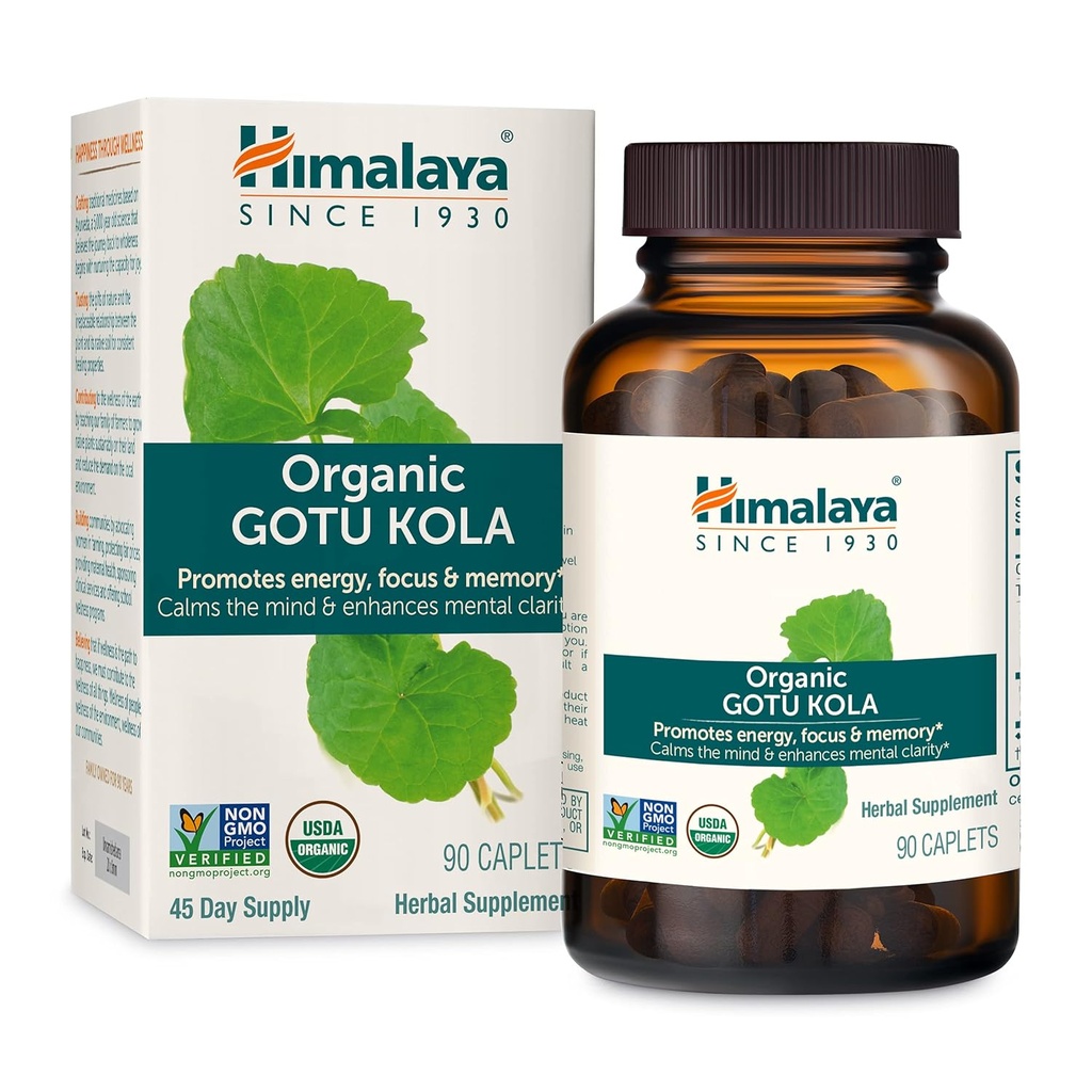 Himalaya Organic Gotu Kola, 45 de zile de aprovizionare - Herbal Nootropic Supplement with Adaptogens for Energy, Focus, Memory, and Calming Relaxation - Vegan, Non-GMO, Gluten Free, 650 mg, 90 Caplets
