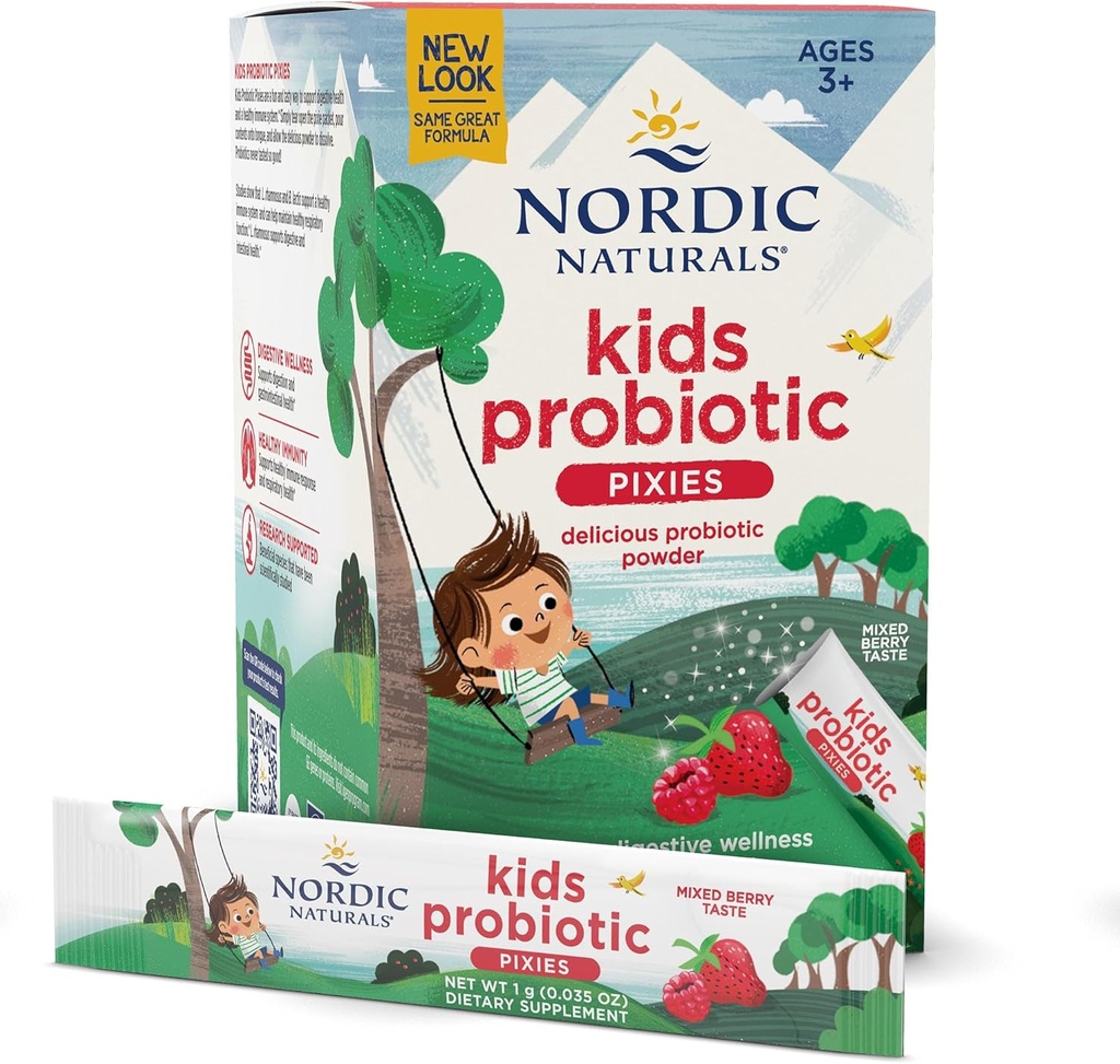 Nordic Naturals Kids Probiotic Pixies, Mixed Berry - 30 Packets - 3 miliardy CFU - Digestivní Wellness, Imunitní podpora - Non- GMO, Vegan - 30 Služeb