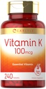 Carlyle Vitamin K 100 mcg | 240 Tablets | Vegetarian, Non-GMO, Gluten Free | Vitamin K Supplement