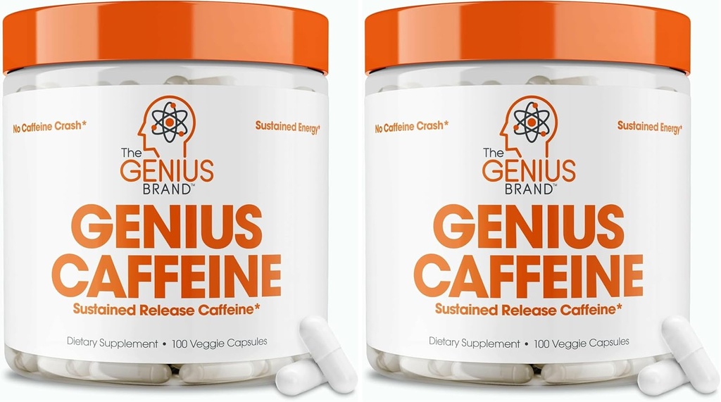 Genius Caffeine Pills 100mg, Pilules de caféine microencapsulées à libération prolongée - Supplément d'énergie, de concentration et de concentration continus tout naturel non-crash - Booster cérébral nootropique - 100 capsules