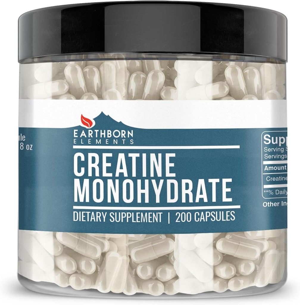 Earthborn Elements Creatine Monohydrate 200 Capsules, Pure & Undiluted, No Additives