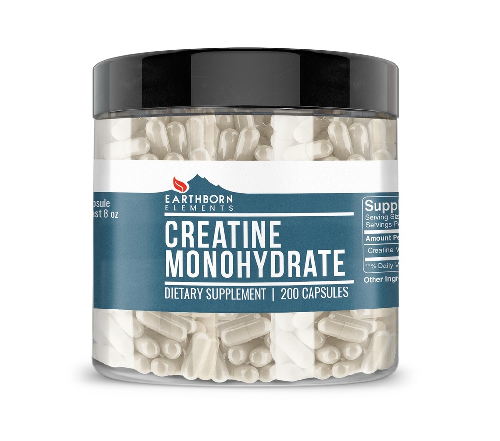 Earthborn Elements Creatine Monohydrate 200 Capsules, Pure & Undiluted, No Additives