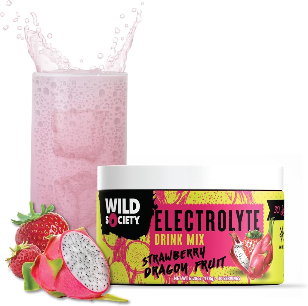 Wild Society - Premium Zero Sugar Electrolytes Powder Drink Mix, 3x Absorption Magnesium Glycinate - Sugar Free, Low Calorie, Science Backed, Refreshing Hydration, Strawberry Dragon Fruit, 30 Servings