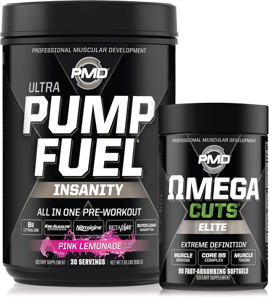 PMD Sports Ultra Pump Fuel Insanity - Pre Workout — Pink Lemonade (30 Servings) Sports Omega Cuts Elite Thermogenic Fat Burner (90 Softgels)