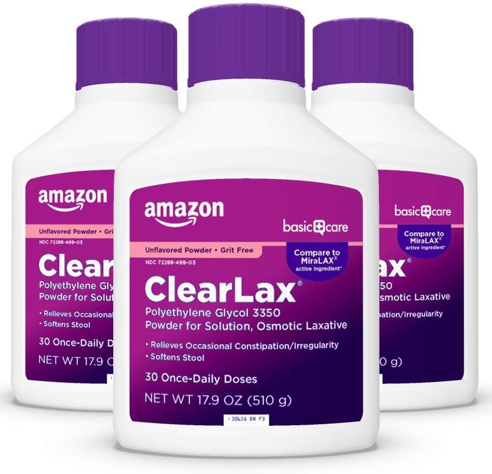 ClearLax Basic Care, Polyethylen Glycol 3350 Prášek pro přípravu roztoku, Osmotic Laxative, Neochucené, 1,11 libra (balení po 3)