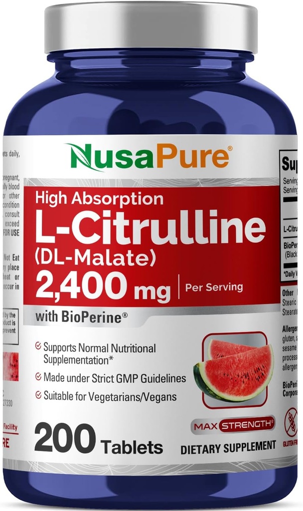 NusaPure L-Citrulline 2,400mg 200 Vegetarian Tablet (Non-GMO, Gluten Free, 100-Day Supply, Bioperine)