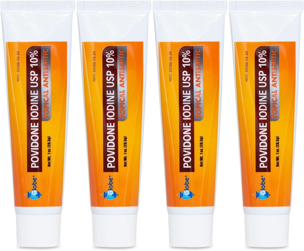 Globe (4 Pack) Povidone Iodine 10% First Aid Ointment 1 Oz, for Cuts Scrapes Burns (Compare to Betadine)