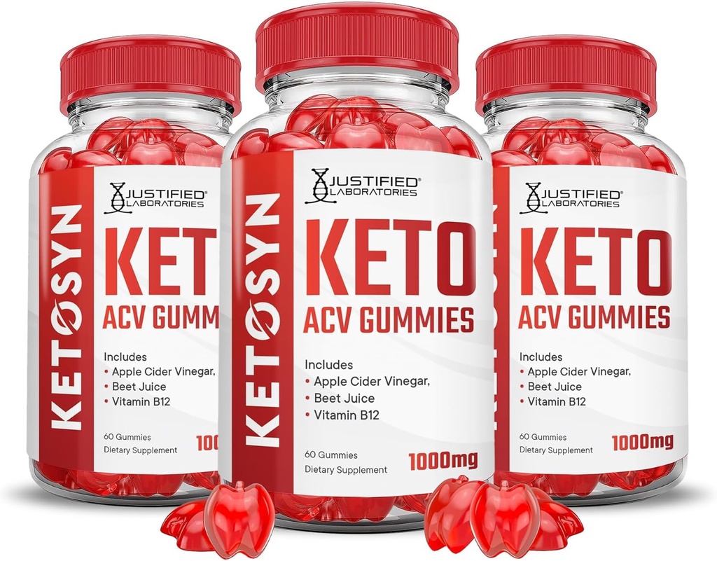 Justified Laboratories (3 Pack Ketosyn Keto ACV Gummies Advanced Formula 1000MG Ketosyn Keto Gummies Apple Cider Vinegar Formulated with Poregranate Beet Juice Powder B12 Vegan Non Glumes