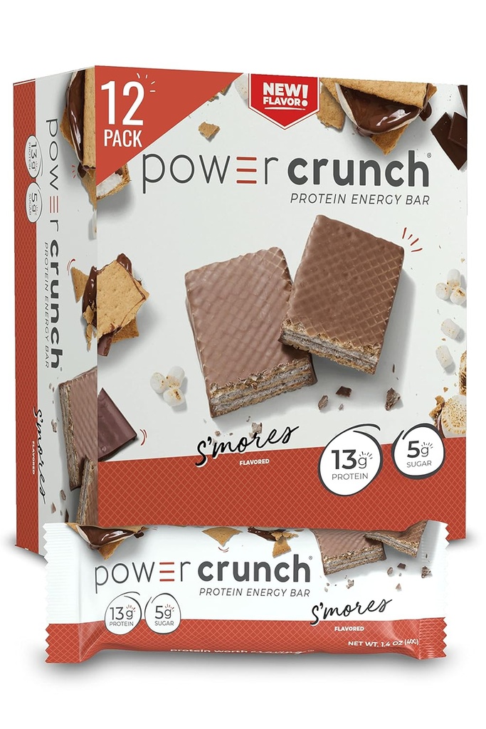 Power Crunch Protein Wafer Bars, Proteina handiko snack-ak, zapore gozoarekin, S'Mores, 1.4 Ounce (12 kondea)