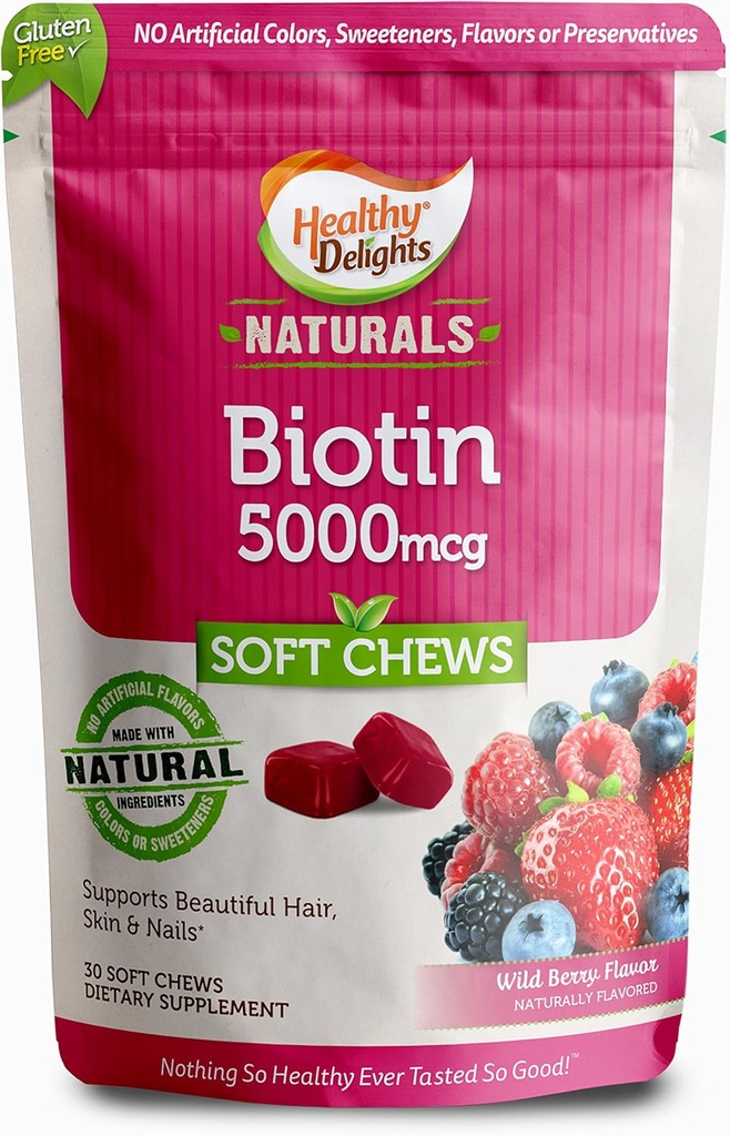 Sağlıklı Delights Naturals, Biotin Soft Chews, Lustrous Saçları Destekler, Glowing Skin & Güçlü Nails, Delicious Wild Berry Flavor, 30 Count