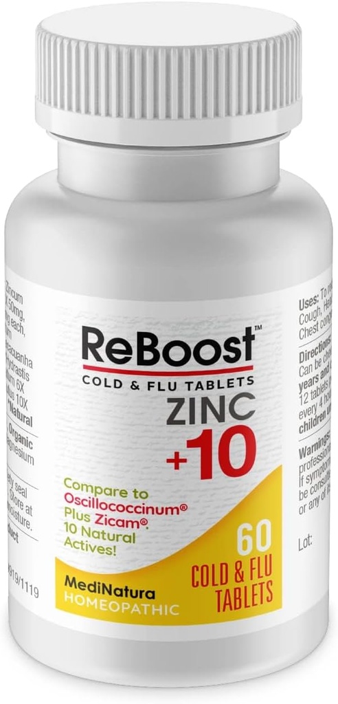 MediNatura ReBoost Zinc + 10 MAX Cold & Flu Symptom Relief Fast-Affairing, 非醉心的自然慰藉 顺势疗法 帮助 relieve 整体身体不适, 咳嗽, Fatigue, 摄入 - 柠檬 - 60 片