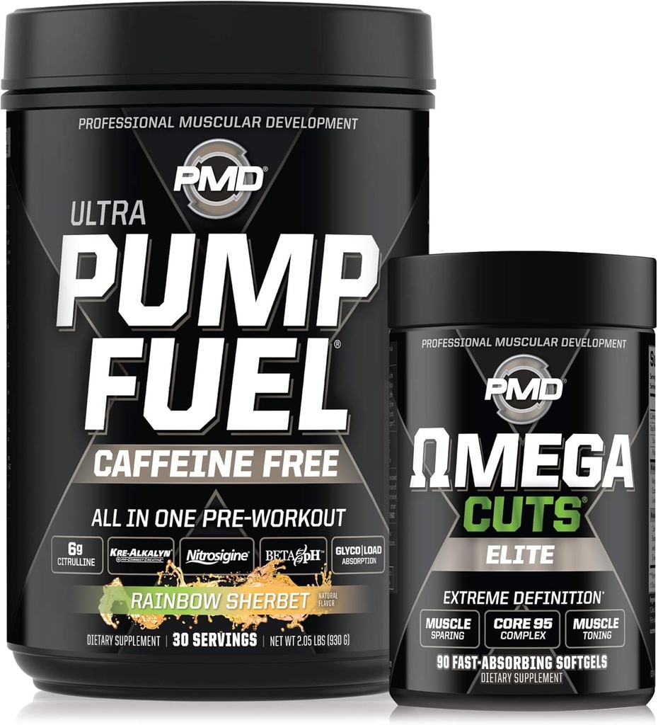 PMD Sports Ultra Pump Kütuse Kofeiin Vaba - Pre Treening - Vikerkaare Sherbet (30 Servings) Sport Omega Lõikab Elite Termogeense Rasvapõleti (90 Softgels)