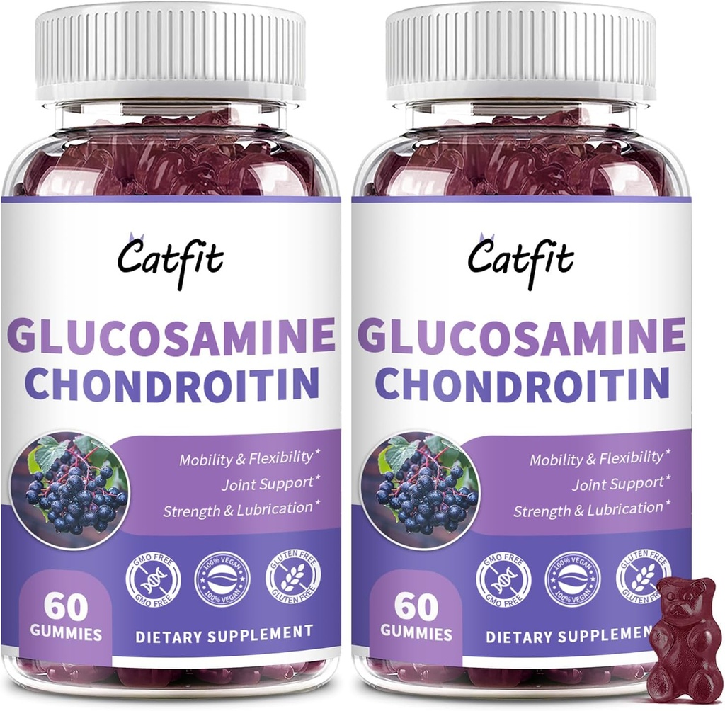 Catfit Glucosamine Chondroitin Gummies,Extra מחזקת תמיכה בריאות משותפת עם MSM & Elderberry, אנטי-חמצן תמיכה תוספת עבור מבוגרים גברים ונשים (2 Pack)