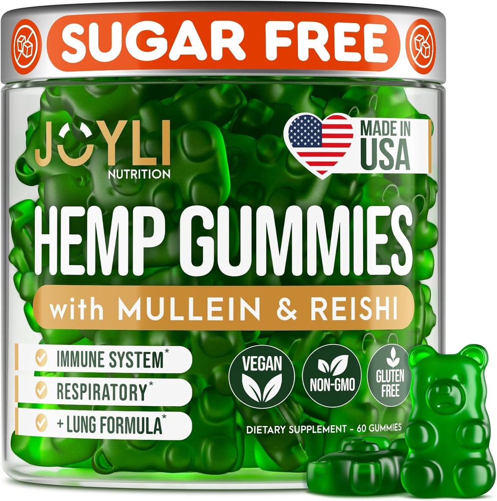 JOYLI Hemp Gummies - Natural Lung Cleanse Mullein Leaf & Reishi Mushroom - Extra Strength Clean Keuhko tuki täydentää vitamiineja A, C, D & E - Sokeriton, Vegan, ei-GMO - 60 syötävää