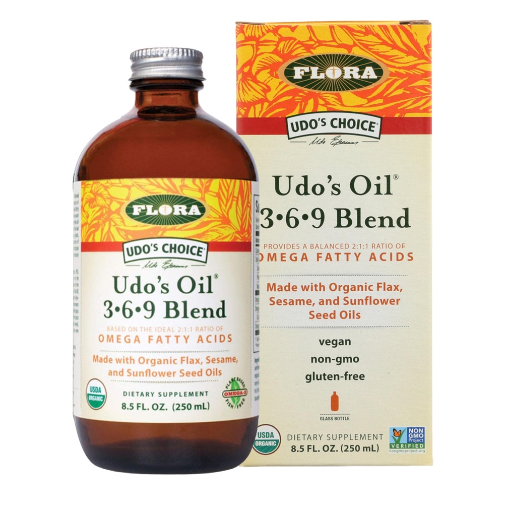 FloraHealth UDO’s Oil Omega 3•6•9 Blend, Organic, 2:1:1, 8.5 fl. oz. Glass | Made with Organic Flax, Sesame & Sunflower Seed Oils, Plant-Based Vegan Omega Fatty Acids, Based on Ideal 2:1:1 Ratio