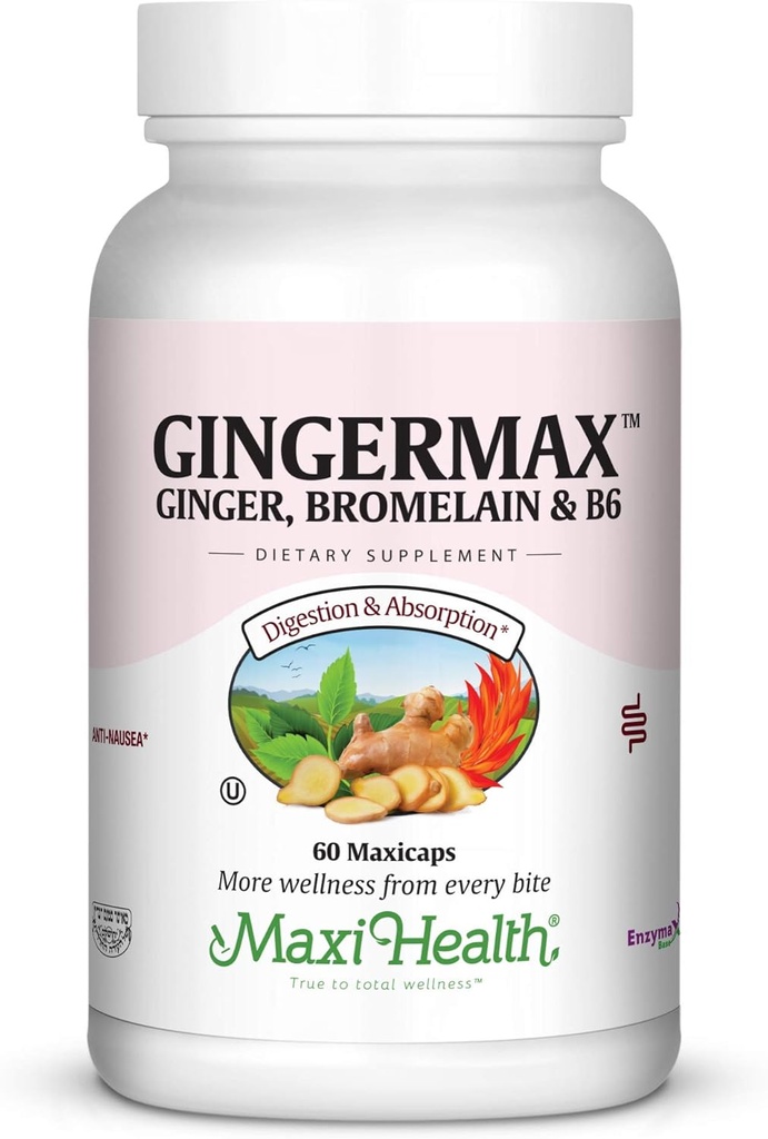Maxi Health Gingermax - Ginger - Bromelain & Vitamin B6 - Digestion Health - 60 капсули - Kosher
