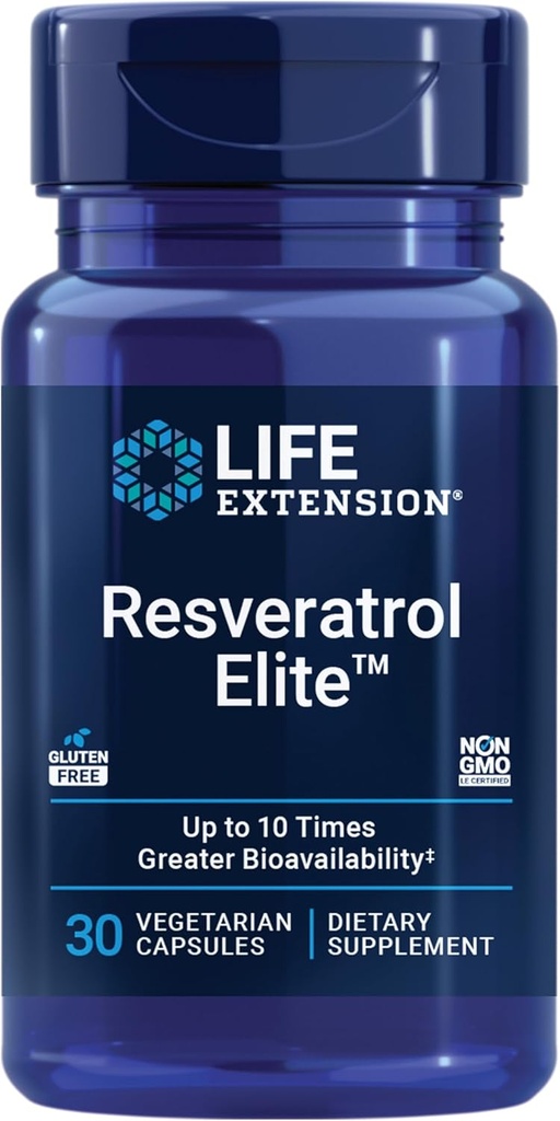 Extensión de vida Resveratrol Elite, Trans-resveratrol, Envejecimiento saludable, Salud cardiovascular, Salud cerebral, Estrés oxidativo, Libre de gluten, No GMO, Vegetariano, 30 cápsulas
