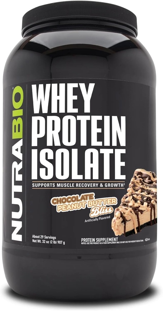 NutraBio 100 % Whey Protein Isolate Protein Powder, 25g Protein with Complete Amino Acid Profile, Non-GMO, Soy & Gluten Free, Low Carb, 낮은 Calorie Whey Protein Powder, 초콜릿 땅콩 버터, 2 Lbs