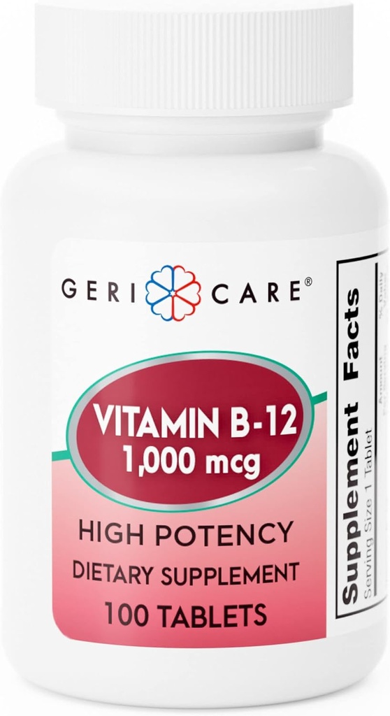 GeriCare Vitamin B-12 1000mcg High Potency Tablets, Premium Dietary Supplement för att öka energi, stödja hjärnhälsa och upprätthålla ett hälsosamt nervsystem 100 greve (1)