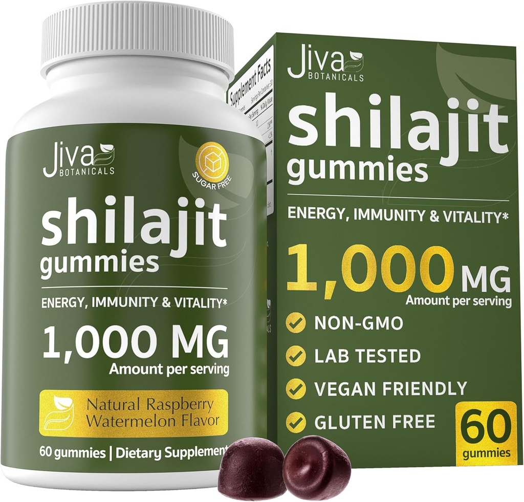 Jiva Botanicals Pure Shilajit dari The Himalaya Gummies for Men & Women - Shilajit Gummies 100m for Healthy Aging, Imune System & Normal Energy Sugar- Free, Vegan, 60 Count (Pack of 1)