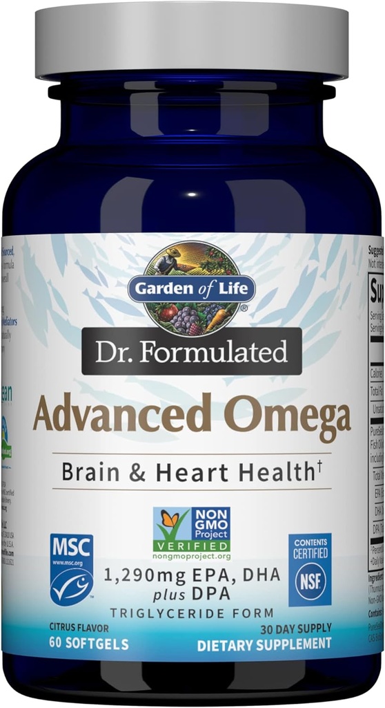 Garten des Lebens Dr. Formuliert Advanced Omega Fish Oil - Zitrone, 1.290mg EPA, DHA + DPA in Triglycerid Form, Single Source Omega 3 Supplement für Ultimate Brain & Heart Health, Non-GMO, 60 Softgels