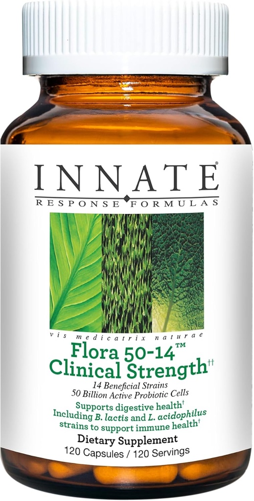 Innate Response Formulas Flora 50-14 Clinical Strength - Probiotic Addition with 50 Billion CFU - 14 Probiotic Strains - Вегетариански и не-GMO - Made without 9 Food Allergens - 120 капсули