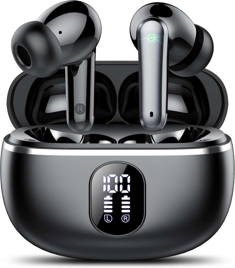 Earbuds sem fio, Bluetooth 5.3 Auscultadores Big Bass Stereo, Orelha Buds com ruído Cancelando microfone LED Display, em fones de ouvido IP7 impermeável, 50H Playtime para esportes, Preto