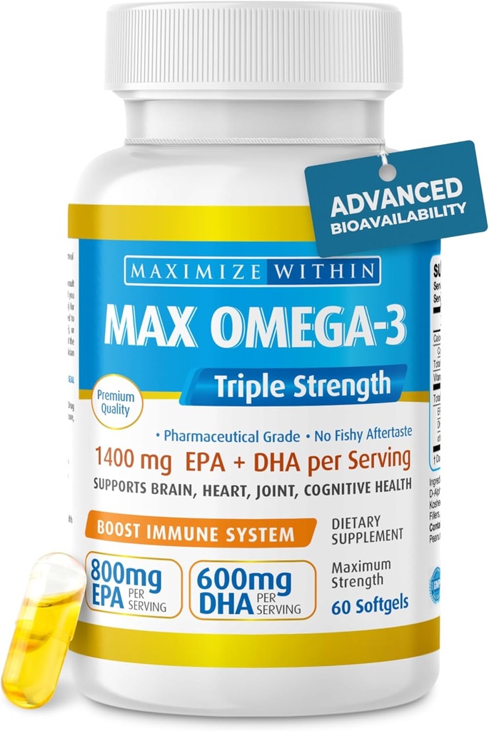 Maksimal Slim Max Omega 3 Fiskeolje piller - Triple Styrke Fish Oil Supplement (2000 mg Total Omega 3 Fettsyrer: 600 mg DHA + 800 mg EPA per servering)