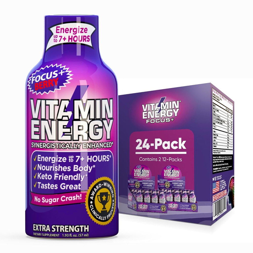 Vitamin Energy Focus+ Extra Strength Energy Shot Berry 24 Pack, 260mg Natural Caffeine, B-Vitamins, CoQ10, Aminoacidi, Focus, Produttività & Clarity, Zero Sugar, Gluten-Free, 1.93 fl oz
