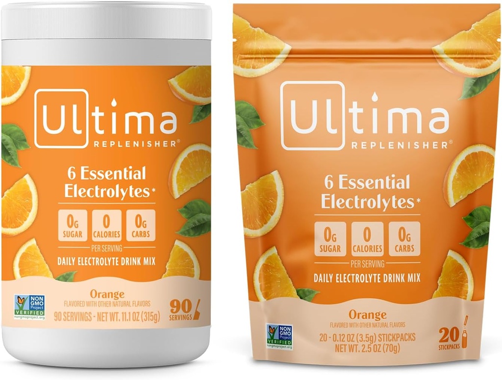Ultima Replenisher Electrolyte Powder Drink Mix Bundle - Sugar Free - Orange, 90 Servering Canister och 20 Stickpacks - 6 Electrolytes och mineraler - Keto Friendly, Vegan, Non-GMO