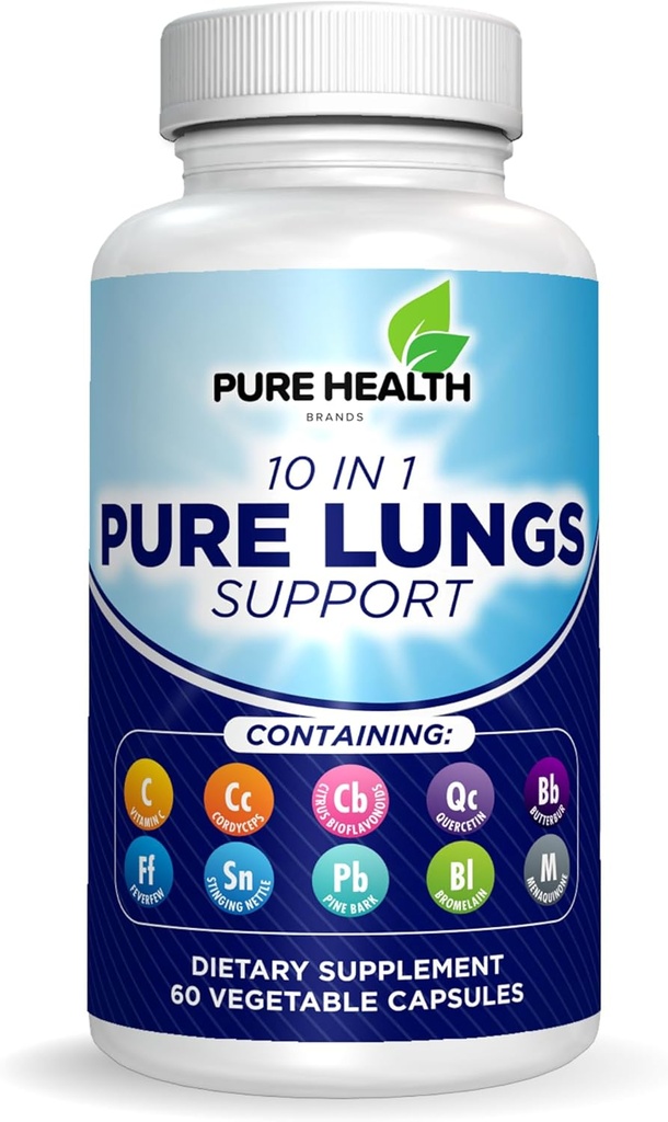 Pure Lungs Support – 10-in-1 Lung Cleanse & Detox 보충 및 호흡 건강 – Quercetin, NAC, Cordyceps, Pine Bark, 비타민 C & Butterbur – 60 캡슐