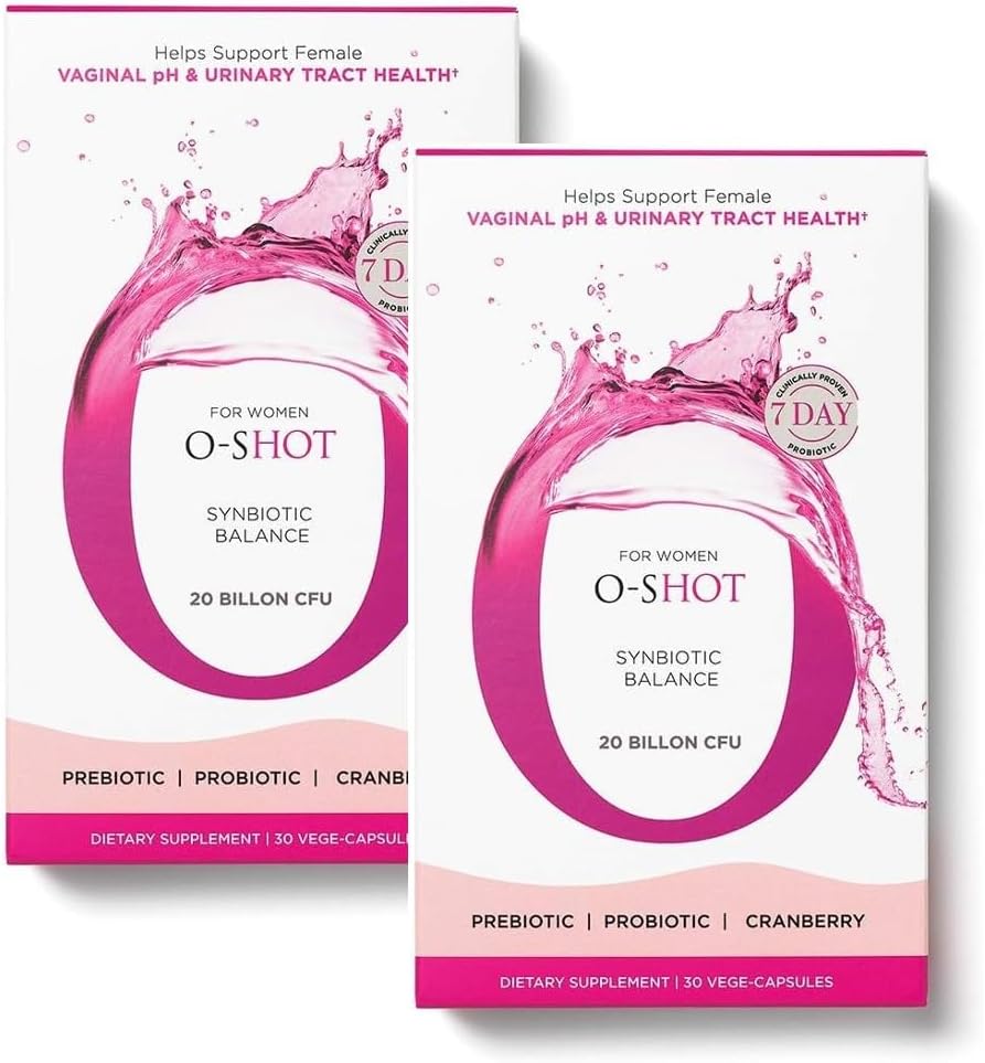 O- Shot 2 Pack Vegan Vaginal Probiotic + Prebiotic for Women, Cranberry Extract, Chicory Root, Vaginal pH, Urinary Tract, fordøjelse, Bloating, Non Dairy, Non GMO, Gluten Free, 60 Vege- Kapsler