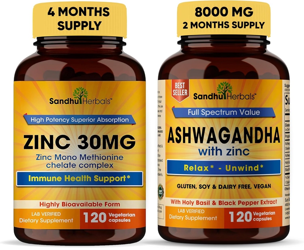 Sandhu Herbals Zinc 30mg suplementari i Organic 4 en 1 Ashwagandha Capsules amb la implementació de Zinc Healthy Skin, Imne Systemuthon-GMO
