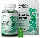 Wild & Organic Gingko Biloba 120mg Gummies - Suporte ao cérebro e foco Suplemento w / Ginkgo Biloba Extract - Vegan, Não-GMO - 60 Mastigações de ervas baseada em pectina
