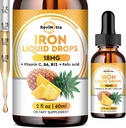 Liquid Iron Supplement voor vrouwen, mannen en kinderen, vloeibare ijzerdruppels met folaat, vitamine C, B6, B12 voor anemie, rode bloedcel, energie ondersteuning, ananas smaak, 2 Fl Oz