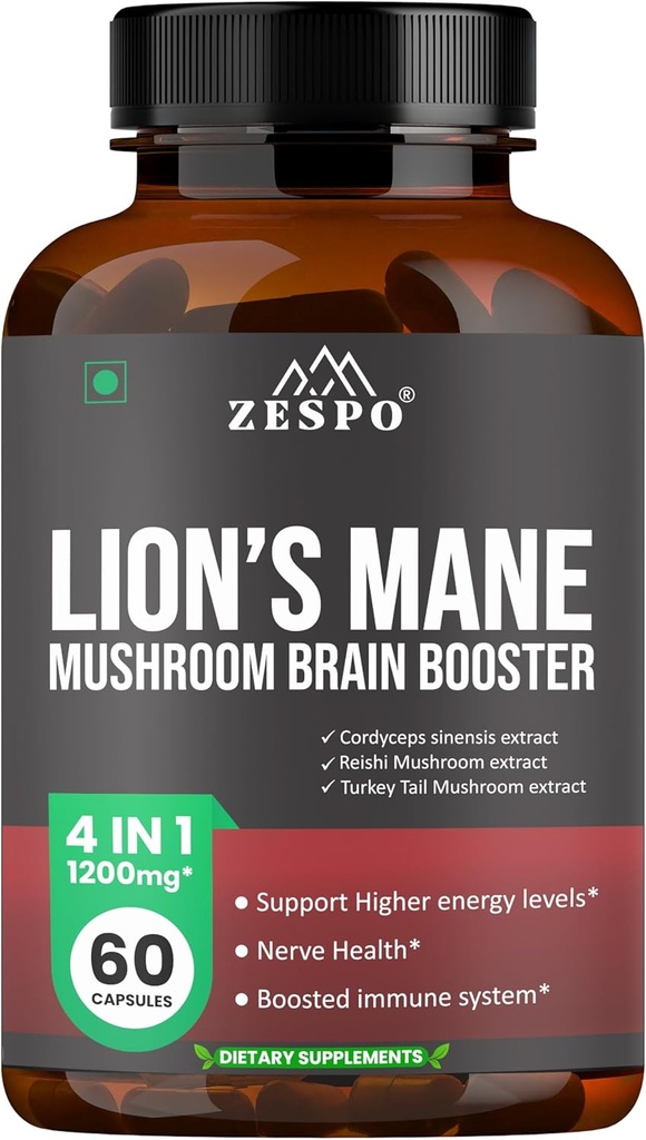 Lion's Mane Mushroom Complex - 1200mg Brain Supplement för minne, fokus och klarhet med Reishi & Cordyceps Sinensis - 60 kapslar