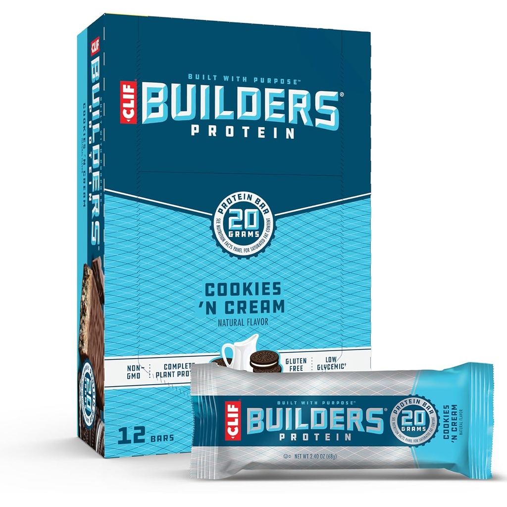 CLIF BUILDERS proteïnerepen - Cookies 'n Cream Flavor - 20g plantaardige eiwit - Glutenvrij - niet-GMO - lage Glykemie - Geen kunstmatige zoetstoffen - 2,4 oz. (12 Pack)