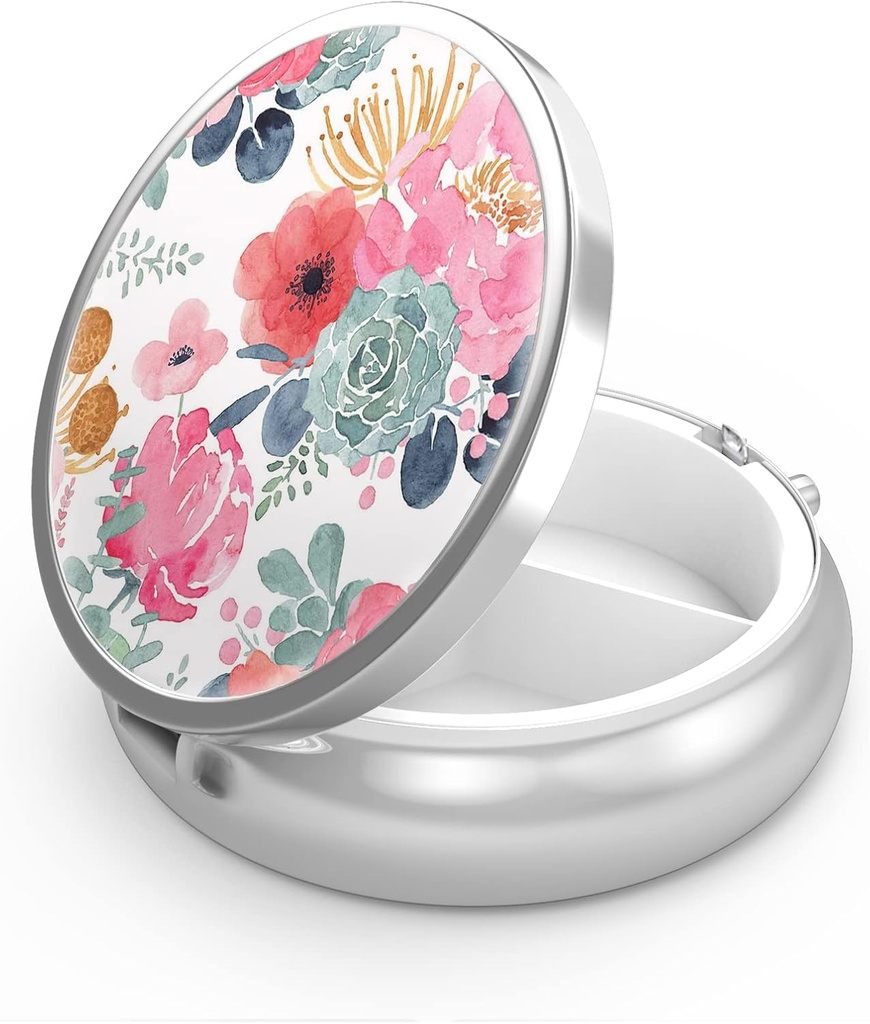 Pill Box 3 Comparament Petit Casol, portable per al Pocket o Purse Pill, organitzador del contenidor Pill a Holnas, Metge, Petroli de peix i suplementaris(Flower i Suculents)