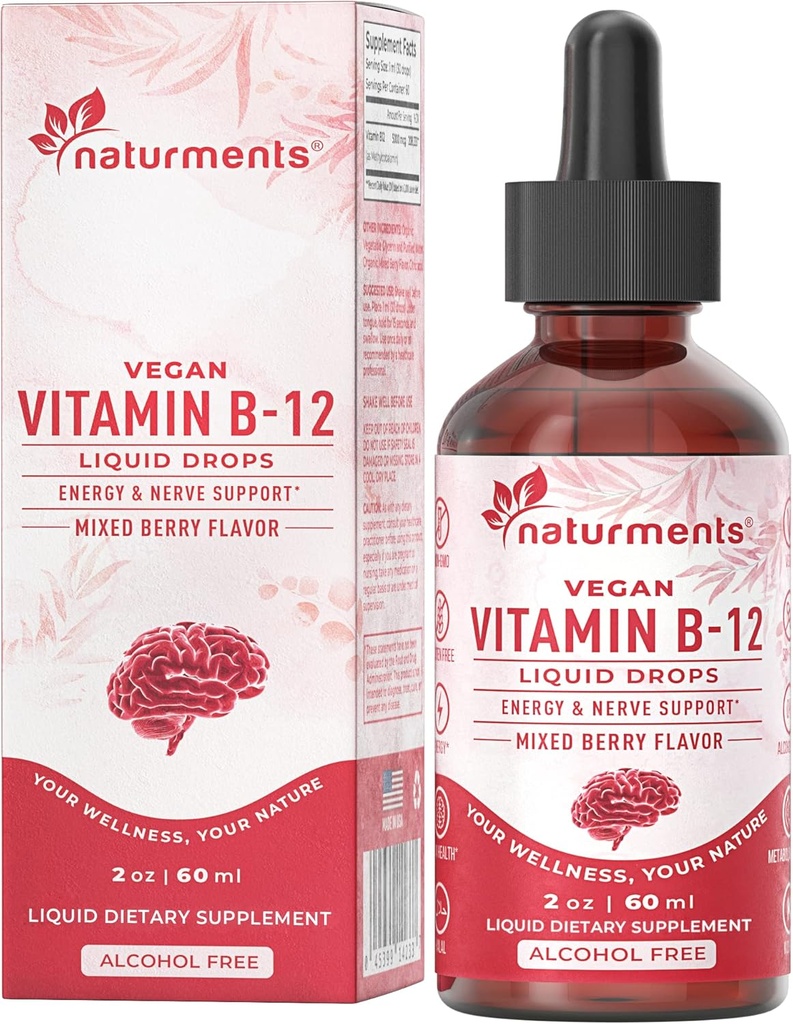 Naturments Vitamín B12 5000 mcg Organic Liquid Drops: Energy & Nerve Support - Vegánsky alkohol bez, non-GMO, bez cukru 2 Fl Oz