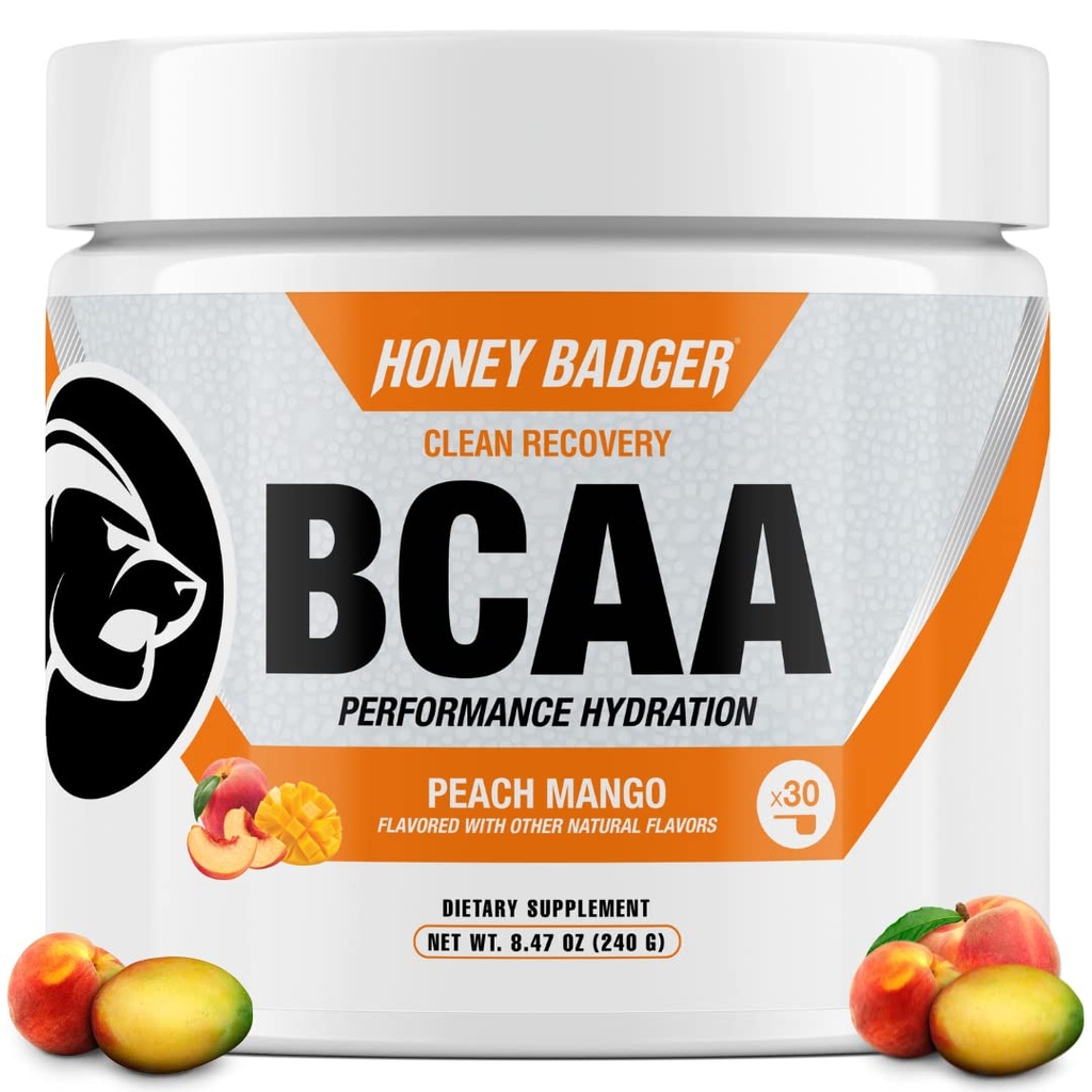 Honey Badger BCAA + EAA Amino Acids Powder, BCAAs + L-Glutamine, Keto, Vegan, Sugar Free for Men & Women, Hydration & Post Workout Muscle Recovery Drink Mix, Peach Mango, 30 Servings
