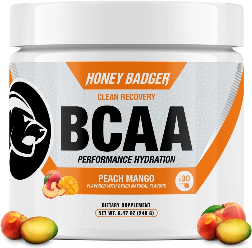 Honey Badger BCAA + EAA Aminohapped Pulber, BCAAs + L-glutamiin, Keto, Vegan, Suhkruvaba meestele ja naistele, Hüdreerimine Ja Post Treening Lihaste taastamise Jook Mix, Virsik Mango, 30 Servings