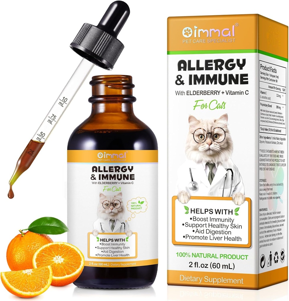 Allergy Relief Drops for Cats, Cat Allergy Immune Booster Treatment for Seasonal Allergies & Digestive, Healthy Liver & Immune System, Cat Herb Supplement with Vitamin C, Chicken Flavor - 60ml/2fl.oz