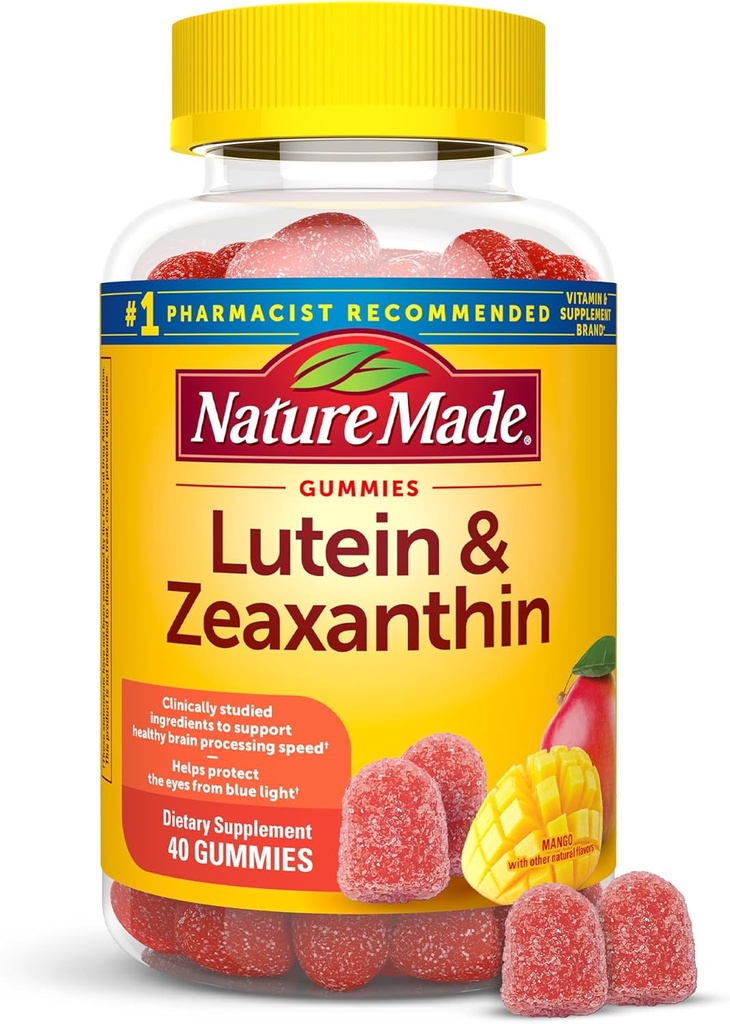 Nature Made Lutein & Zeaxanthin Gummies, Suplemento de ollo e cerebro, 40 Gummies veganos, 20 días de subministración