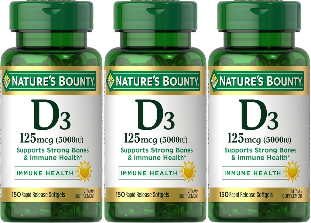 Nature's Bounty Vitamin D3 125 mcg-5000 IU Softgels, Maximum Strength 150 ea ( Pack of 3)