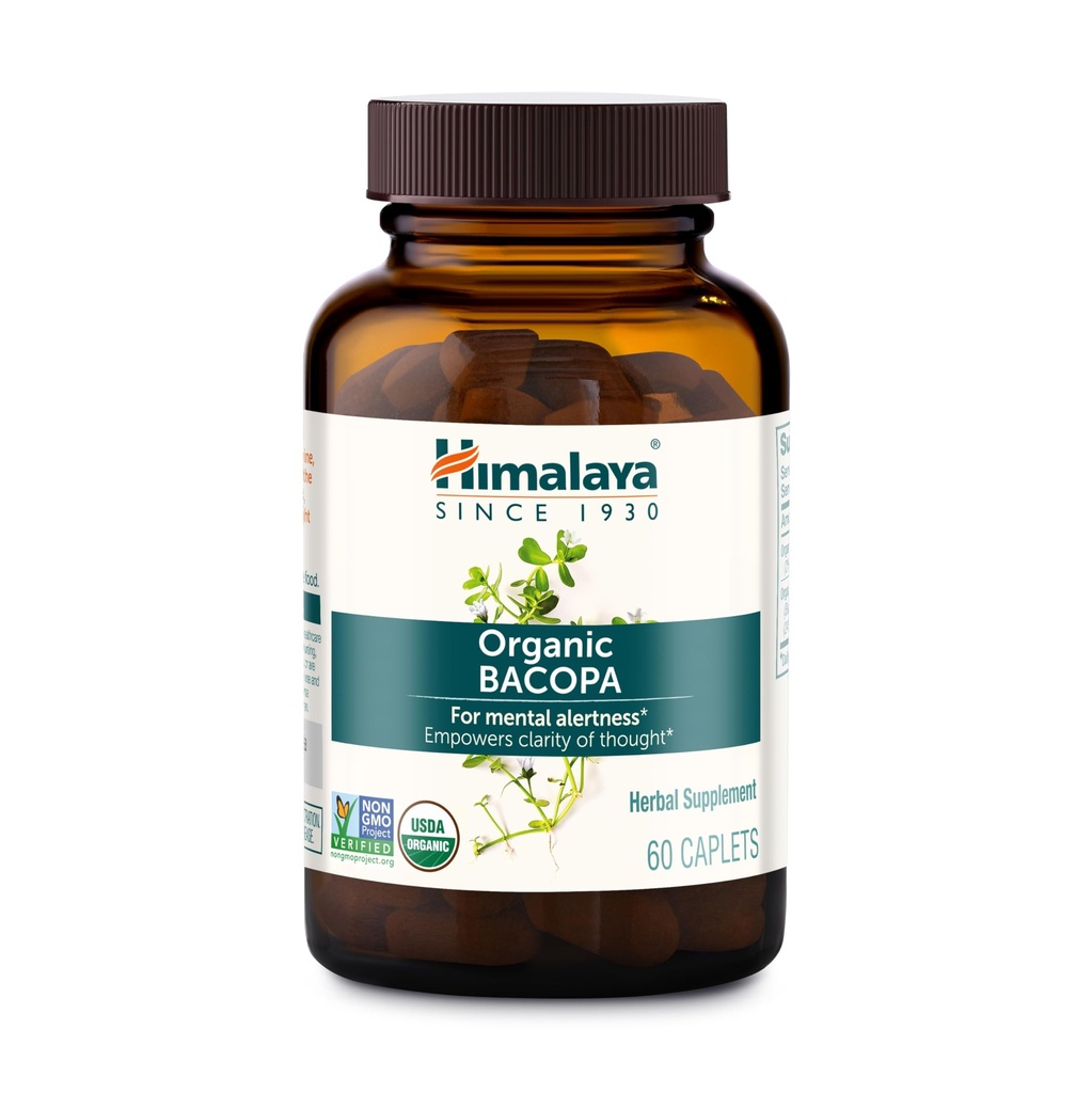 Himalaya Organic Bacopa Monnieri Nootropic Herbal Supplement, Supports Calm, Memory, Cognition, USDA Certified Organic, Non-GMO, 750 mg, 60 Plant-Based Caplets, 60 Day Supply