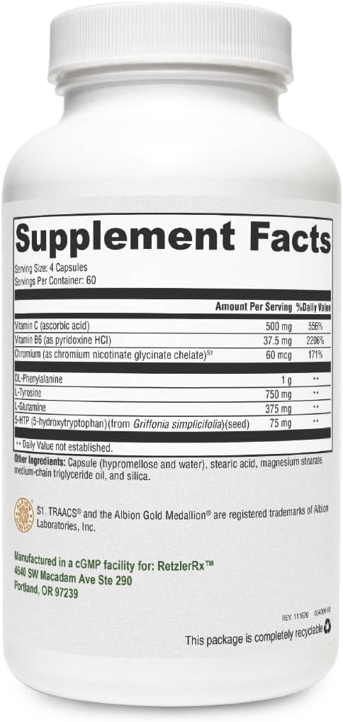 Crave Control by RetzlerRx - Atbalsts, lai palīdzētu Curb Apetīti un cīnīties Cravings - Hroms, DL-fenilalanīns, L-glutamīns, vitamīns B6 + 5-HTP Mood & Appetite atbalsts (240 kapsulas)