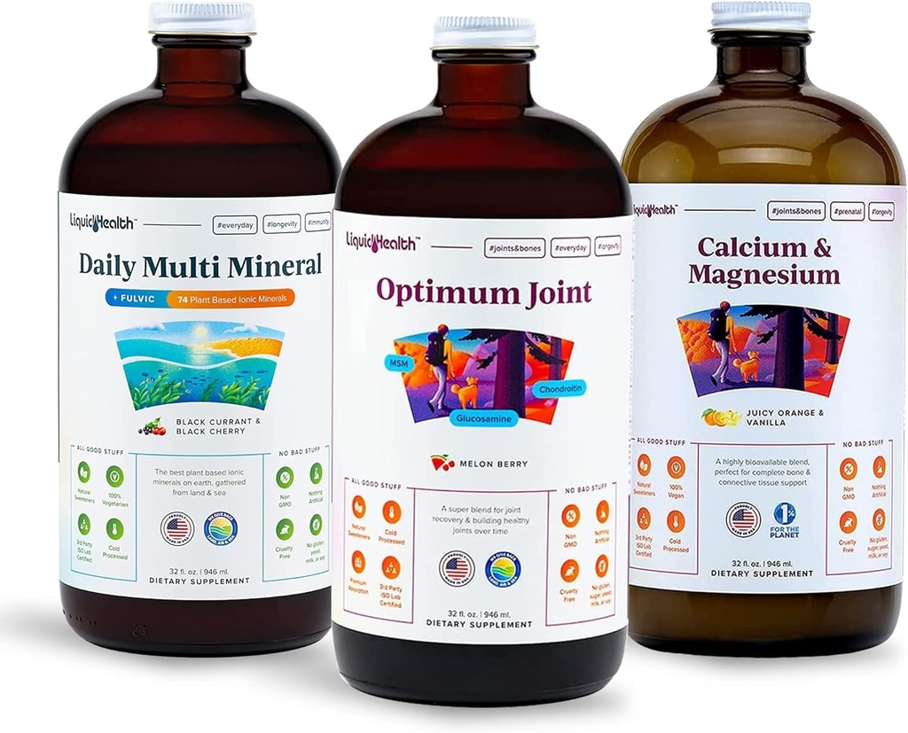 Liquid Vitamin Bundle with Daily Multi Mineral, Optimum Joint Liquid Glucosamine, and Calcium & Magnesium Supplements - Bone & Joint Health, Vegan, Non-GMO