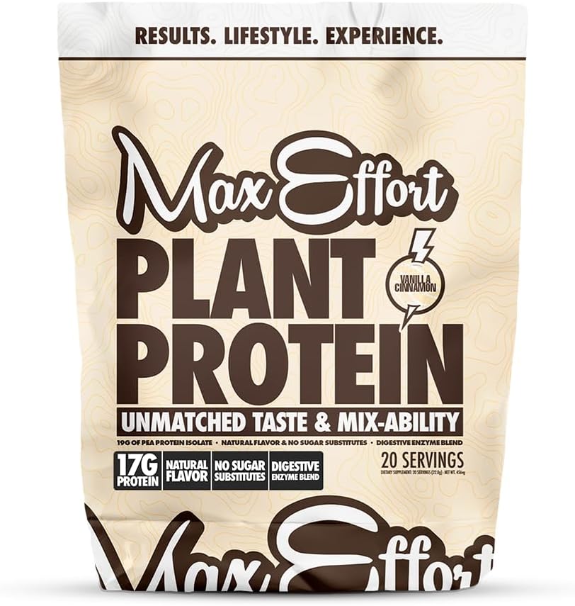 MAX EFFORT Plant Protein Powder, 17 G Pea Protein, Plant Based, Gluten Free, Low Carb, Protein Shake eller Smoothie Mix, Meal Replacement, No Whey, No Sugar Substitutes, Vanilla Cinnamon, 20 Srvg