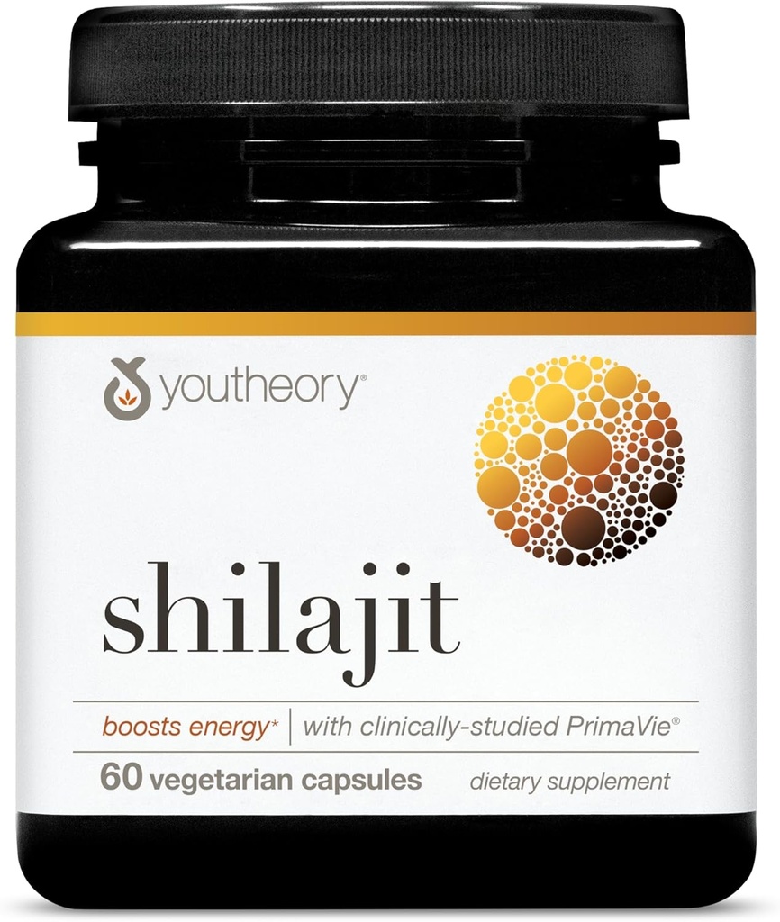 Youtheory Shilajit - 500 mg Shilajit Capsules - Suplemento de enerxía - Shilajit soporta Stamina & Endurance - Pure Himalayan Shilajit - Gluten, Dairy & Soy Free - 60 cápsulas vexetarianas