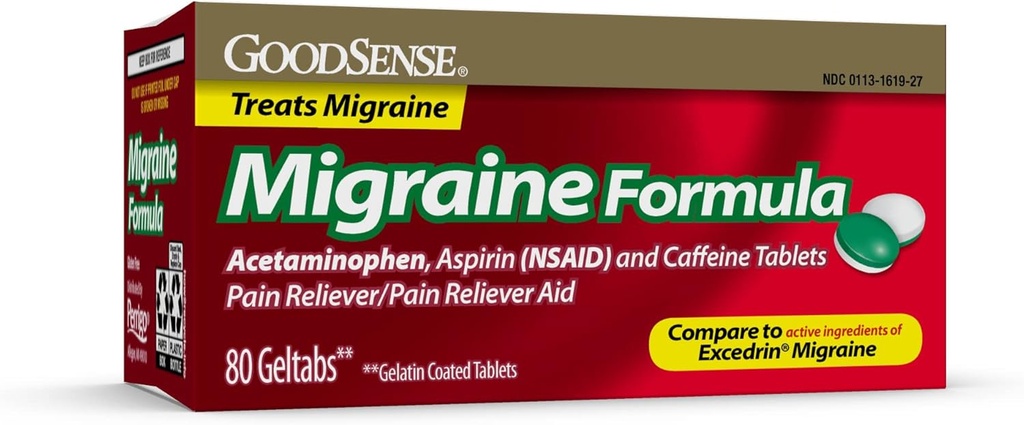 GoodSense Migraine Relief Geltabs, Ацетаминофен, Аспирин (НСПВС) и Кофеин, 80 Count